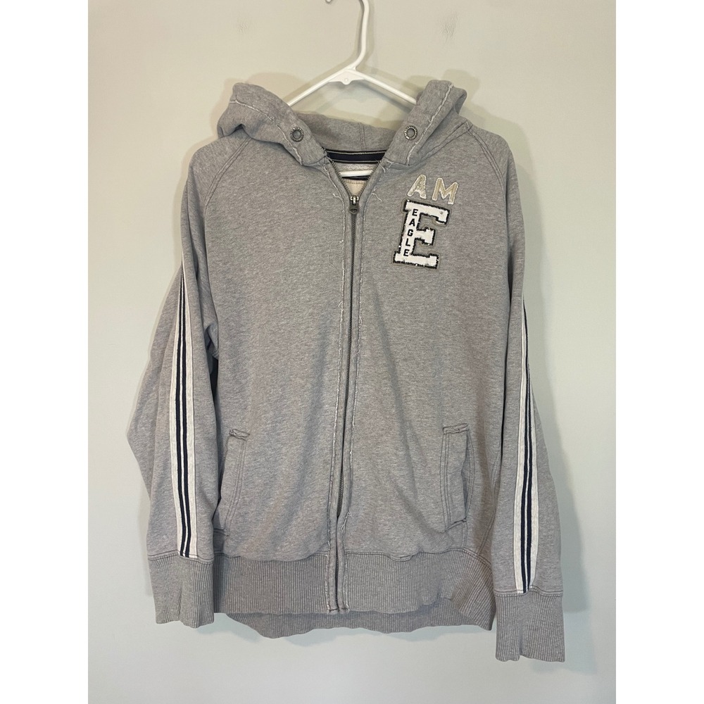 American Eagle Mens XL Vintage‎ Fit Zip Up Hoodie Grey Stripe Spell Out Logo Y2K